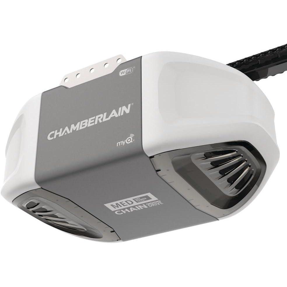 imageChamberlain C450 Smart Garage Door Opener  myQ Smartphone Controlled  Ultra Quiet Durable Chain Drive with MED Lifting Power Wireless Keypad Included Gray