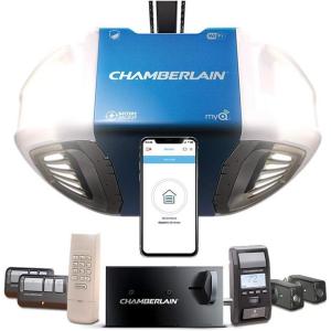 Chamberlain Group Chamberlain B980 Smartphone-Controlled Ultra-Quiet and Strong Belt Drive Garage Door Opener Ultimate Security Bundle with Battery Backup, Blue